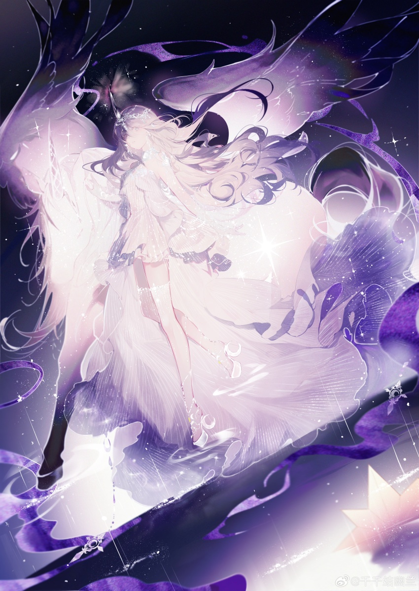 1girl, absurdres, ad_lunam_(shining_nikki), bare_legs, crescent, dress, eyelashes, floating