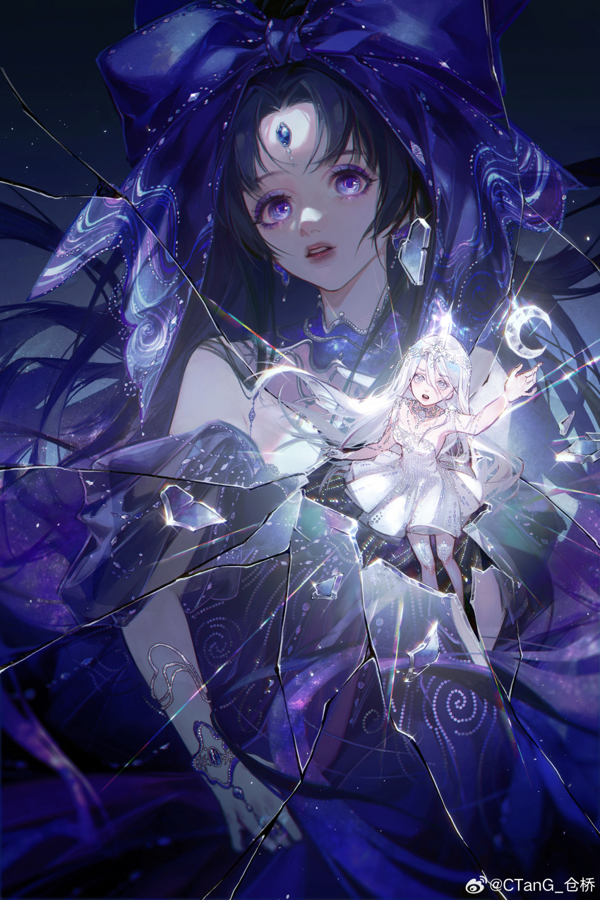 2girls, absurdres, ad_lunam_(shining_nikki), bare_legs, bare_shoulders, black_background, black_hair, bow