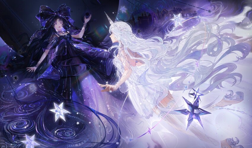 2girls, absurdly_long_hair, ad_lunam_(shining_nikki), backless_dress, backless_outfit, bare_back, bare_legs, black_dress