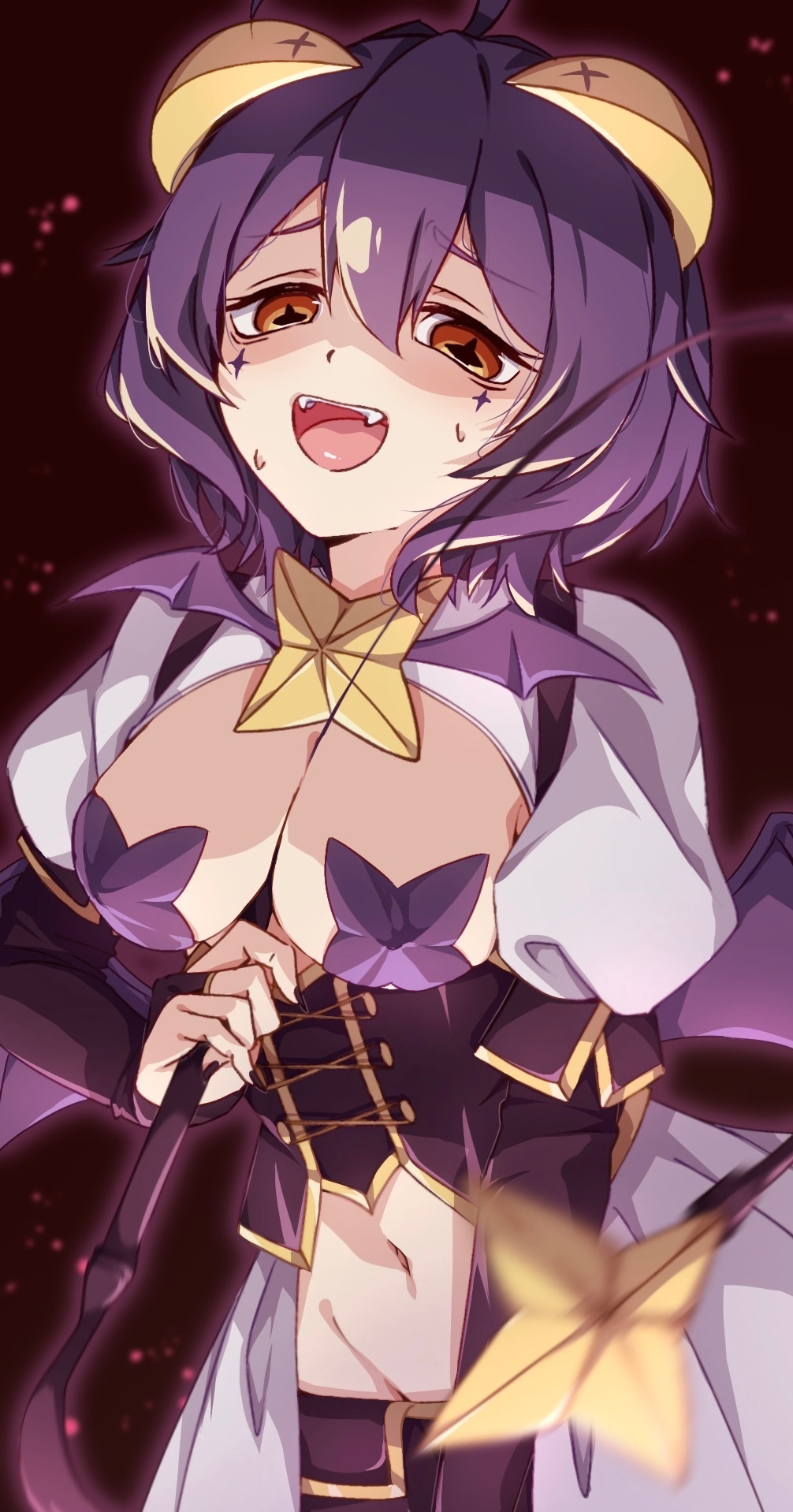 1girl, ahoge, bat_wings, black_corset, black_hair, breasts, brooch, corset