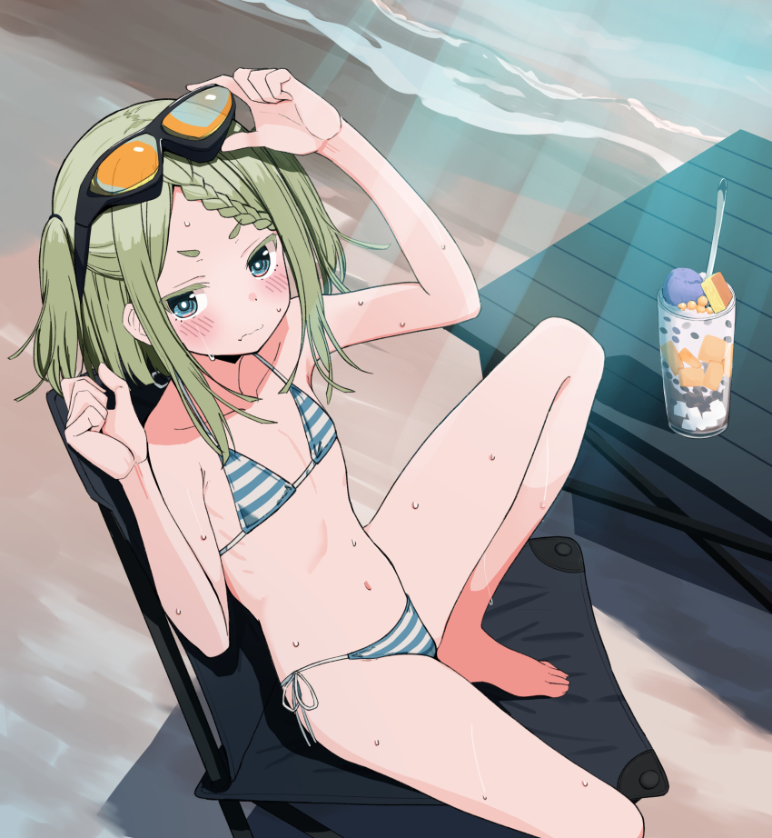 1girl, absurdres, adjusting_eyewear, arm_up, barefoot, beach, bikini, blush, braid, braided_bangs, brown_hair, chair, closed_mouth, commentary_request, day, drink, embarrassed, eyewear_on_head, flat_chest, folding_chair, foot_out_of_frame, foot_up, forehead, glass, hand_up, highres, light_rays, looking_at_viewer, navel, on_chair, original, outdoors, petite, sand, side-tie_bikini_bottom, sitting, solo, stomach, string_bikini, striped_bikini, striped_clothes, sunbeam, sunlight, sweat, swimsuit, table, two_side_up, urushiushiru, v-shaped_eyebrows, water, wavy_mouth, wooden_table