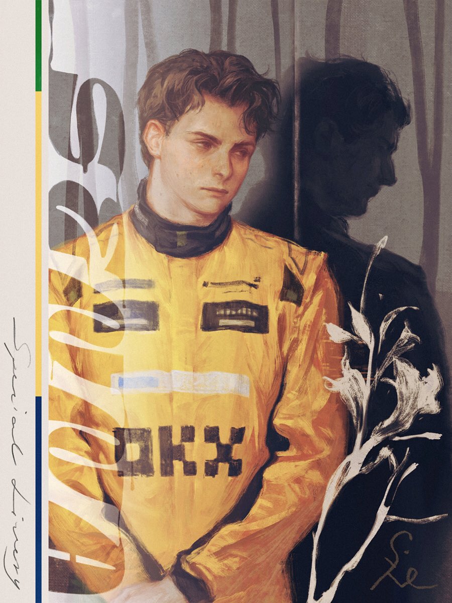 2boys, ayrton_senna, black_hair, brown_eyes, brown_hair, chanasykine, closed_mouth, commentary