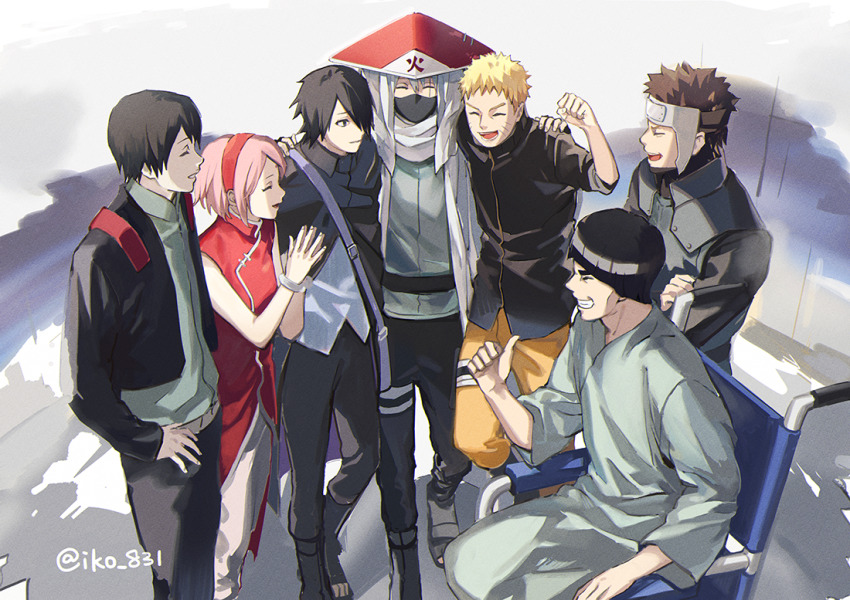 1girl, 6+boys, ^_^, black_cape, black_hair, black_jacket, black_pants, black_shirt, blonde_hair, boruto:_naruto_next_generations, bowl_cut, brown_hair, cape, clenched_hand, closed_eyes, from_above, green_shirt, grin, hairband, hand_up, hands_on_another's_shoulders, hands_up, happuri, happy, haruno_sakura, hatake_kakashi, hokage, hospital_gown, iko_831, jacket, japanese_armor, mask, might_guy, mouth_mask, multiple_boys, naruto_(series), ninja_mask, official_alternate_costume, orange_pants, pants, pink_hair, red_hairband, sai_(naruto), scar, scar_across_eye, scar_on_face, scarf, shirt, short_hair, smile, thumbs_up, uchiha_sasuke, uzumaki_naruto, wheelchair, white_hair, white_scarf, yamato_(naruto)