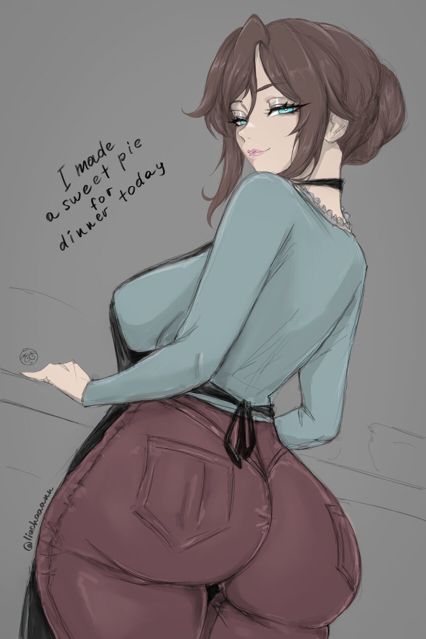 1girl, apron, aqua_eyes, ass, black_apron, breasts, brown_hair, brown_pants, commentary, cowboy_shot, english_text, green_shirt, half-closed_eyes, highres, huge_ass, large_breasts, liachaaann, liane_cartman, pants, seductive_smile, shirt, short_hair, smile, south_park, twitter_username