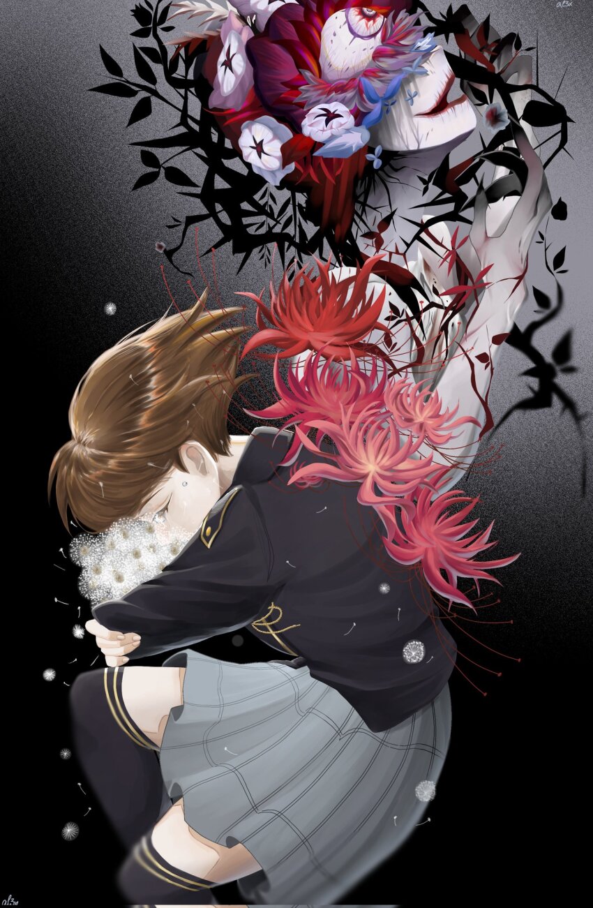 1girl, black_jacket, black_socks, blazer, blood, blood_from_mouth, brown_hair, brutal_human, colored_skin, commentary, dandelion, dandelion_clock, dandelion_seed, english_commentary, evil_smile, fetal_position, flower, gradient_background, grey_skirt, hand_on_own_elbow, hands_on_own_arms, highres, holding, holding_flower, jacket, kyklos, over-kneehighs, pleated_skirt, school_uniform, short_hair, signature, skirt, smile, socks, thighhighs, tokyo_debunker, white_skin