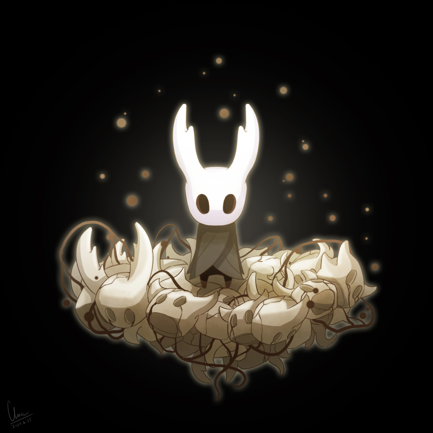 aged_down, black_background, cape, clovergrasswang, grey_cape, highres, hollow_knight, hollow_knight_(character)