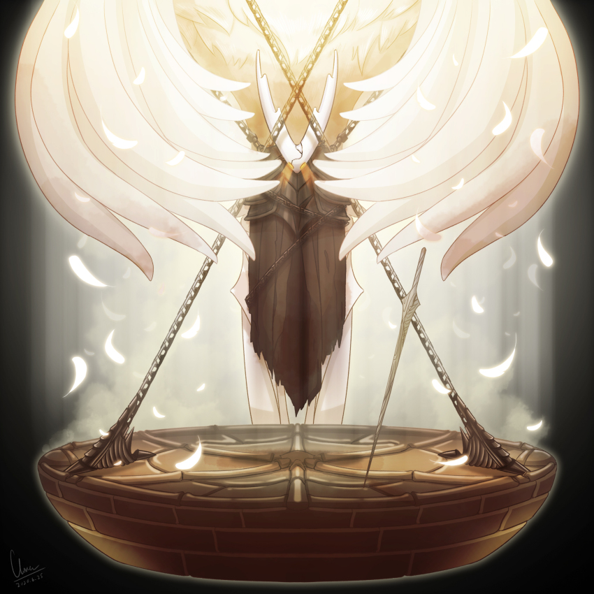 black_cape, cape, clovergrasswang, feathers, highres, hollow_knight, hollow_knight_(character), horns