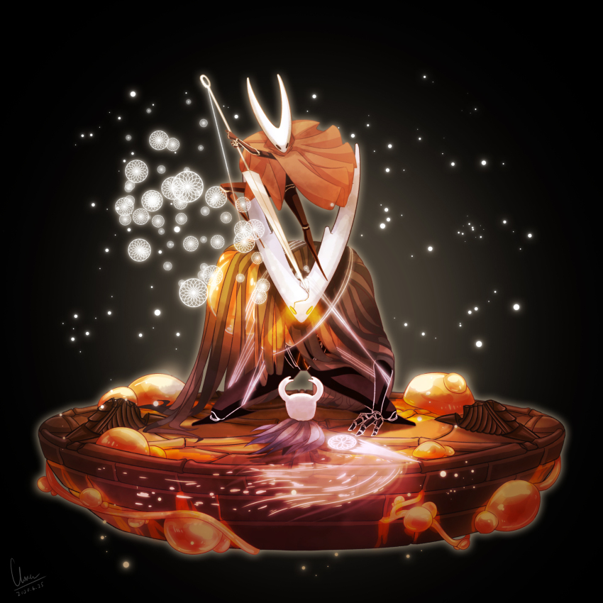 black_cape, blue_cape, cape, clovergrasswang, highres, holding, holding_weapon, hollow_knight