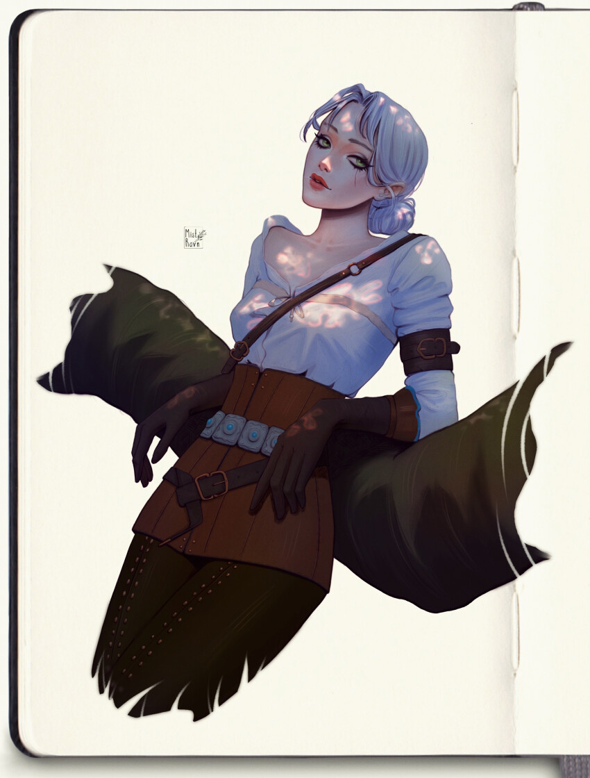 1girl, absurdres, arm_belt, artist_logo, belt, belt_buckle, black_eyeshadow, blouse, breasts, brown_belt, brown_corset, brown_gloves, buckle, ciri, collarbone, corset, cowboy_shot, cropped_legs, curtained_hair, dappled_sunlight, eyeshadow, gloves, green_eyes, grey_hair, hair_bun, head_tilt, highres, leather, leather_belt, leather_gloves, leather_pants, logo, long_hair, looking_to_the_side, makeup, medium_breasts, mistravn, pants, parted_lips, photoshop_(medium), red_lips, shirt, shoulder_strap, simple_background, solo, sunlight, the_witcher_(series), white_background, white_shirt