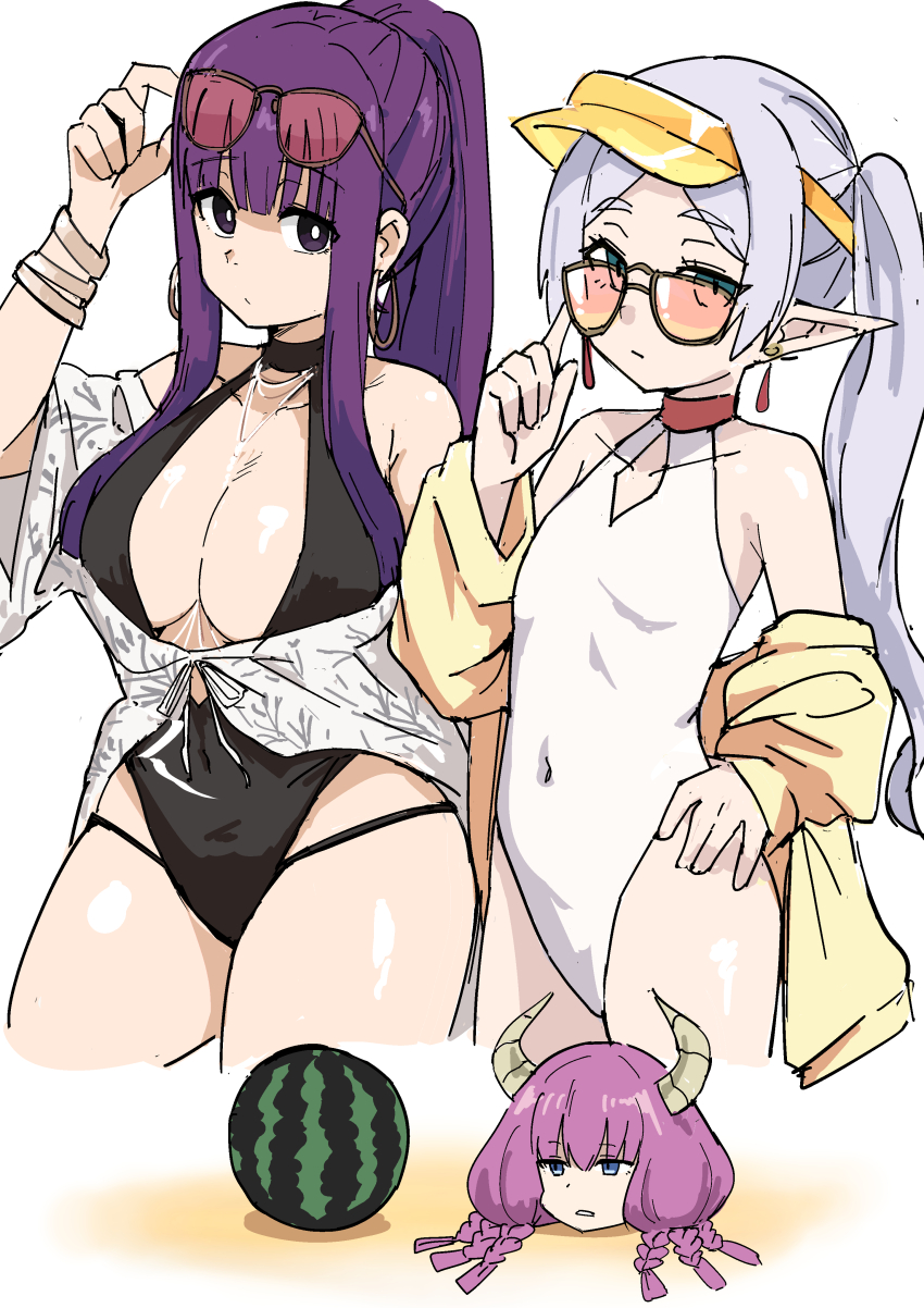 3girls, absurdres, adjusting_eyewear, aura_(sousou_no_frieren), aura_bullying_(meme), black_one-piece_swimsuit, braid, breasts, cosplay, covered_navel, demon_horns, disembodied_head, earrings, eyewear_on_head, fern_(sousou_no_frieren), food, frieren, fruit, gold_earrings, green_eyes, highleg, highleg_one-piece_swimsuit, highres, hood, hoodie, hoop_earrings, horns, jewelry, large_breasts, meme, multiple_braids, multiple_girls, nagisa_(blue_archive), nagisa_(blue_archive)_(cosplay), nagisa_(swimsuit)_(blue_archive), one-piece_swimsuit, pointy_ears, ponytail, purple_eyes, sand, seia_(blue_archive), seia_(blue_archive)_(cosplay), seia_(swimsuit)_(blue_archive), small_breasts, sousou_no_frieren, sunglasses, swimsuit, tanezaki_atsumi, tenten_(chan4545), visor_cap, voice_actor_connection, watermelon, yellow_hoodie