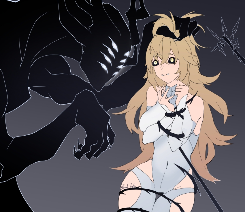 1girl, black_sclera, bound, bound_arms, brown_hair, colored_sclera, dress, grabbing_another's_hair