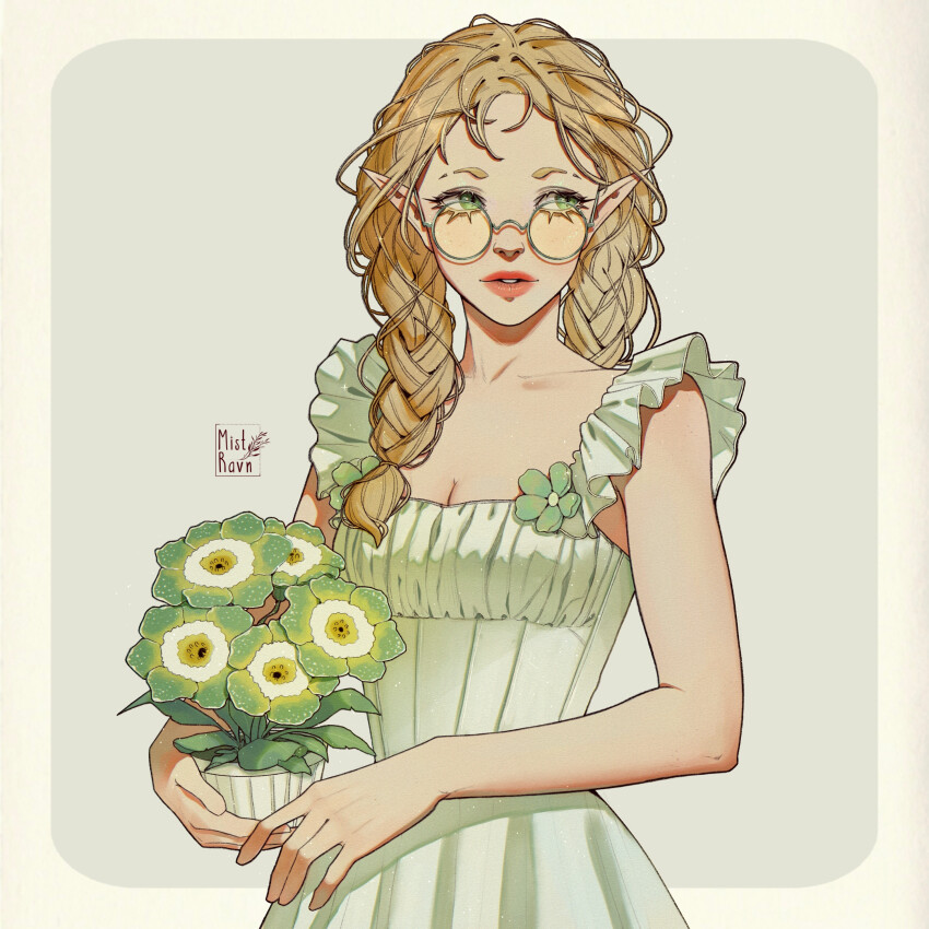 1girl, absurdres, artist_logo, blonde_hair, border, braid, breasts, cleavage