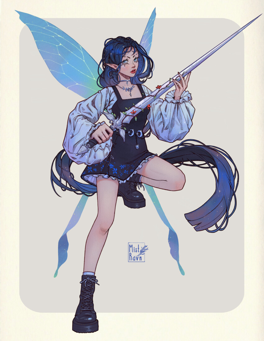 1girl, absurdres, artist_logo, black_dress, blue_hair, blunt_ends, boots, border, butterfly_wings, choker, commentary, crescent_moon, crosshatching, dress, floral_print, frilled_dress, frilled_sleeves, frills, full_body, gradient_hair, grey_background, hatching_(texture), highres, holding, holding_sword, holding_weapon, insect_wings, jewelry, leather, leather_boots, logo, long_hair, long_sleeves, long_sword, looking_at_viewer, mistravn, moon, multicolored_hair, necklace, original, outside_border, parted_hair, pinafore_dress, plant, puffy_long_sleeves, puffy_sleeves, red_lips, rounded_corners, shirt, short_dress, silver_choker, silver_necklace, sleeveless, sleeveless_dress, socks, solo, sparkle, sword, untranslatable_commentary, very_long_hair, vines, weapon, white_border, white_shirt, white_socks, wings