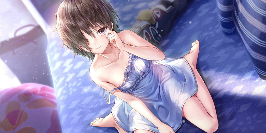 1girl, barefoot, bedroom, between_legs, blue_camisole, blue_reflection_(series), blue_reflection_sun, breasts