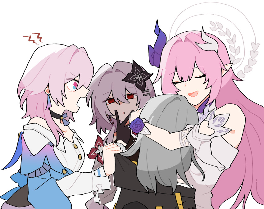 4girls, absurdres, black_choker, black_coat, black_gloves, blue_jacket, breasts, choker, coat, cyrene_(honkai:_star_rail), cyrene_(demiurge)_(honkai:_star_rail), dress, dual_persona, evernight_(honkai:_star_rail), flower, gloves, grey_hair, hair_flower, hair_ornament, halo, help42a, highres, honkai:_star_rail, honkai_(series), jacket, jealous, long_hair, march_7th_(honkai:_star_rail), march_7th_(preservation)_(honkai:_star_rail), medium_hair, multicolored_eyes, multicolored_hair, multiple_girls, pink_hair, pointy_ears, red_eyes, shirt, simple_background, smile, stelle_(honkai:_star_rail), trailblazer_(honkai:_star_rail), two-tone_eyes, two-tone_hair, very_long_hair, white_background, white_dress, white_shirt, yuri