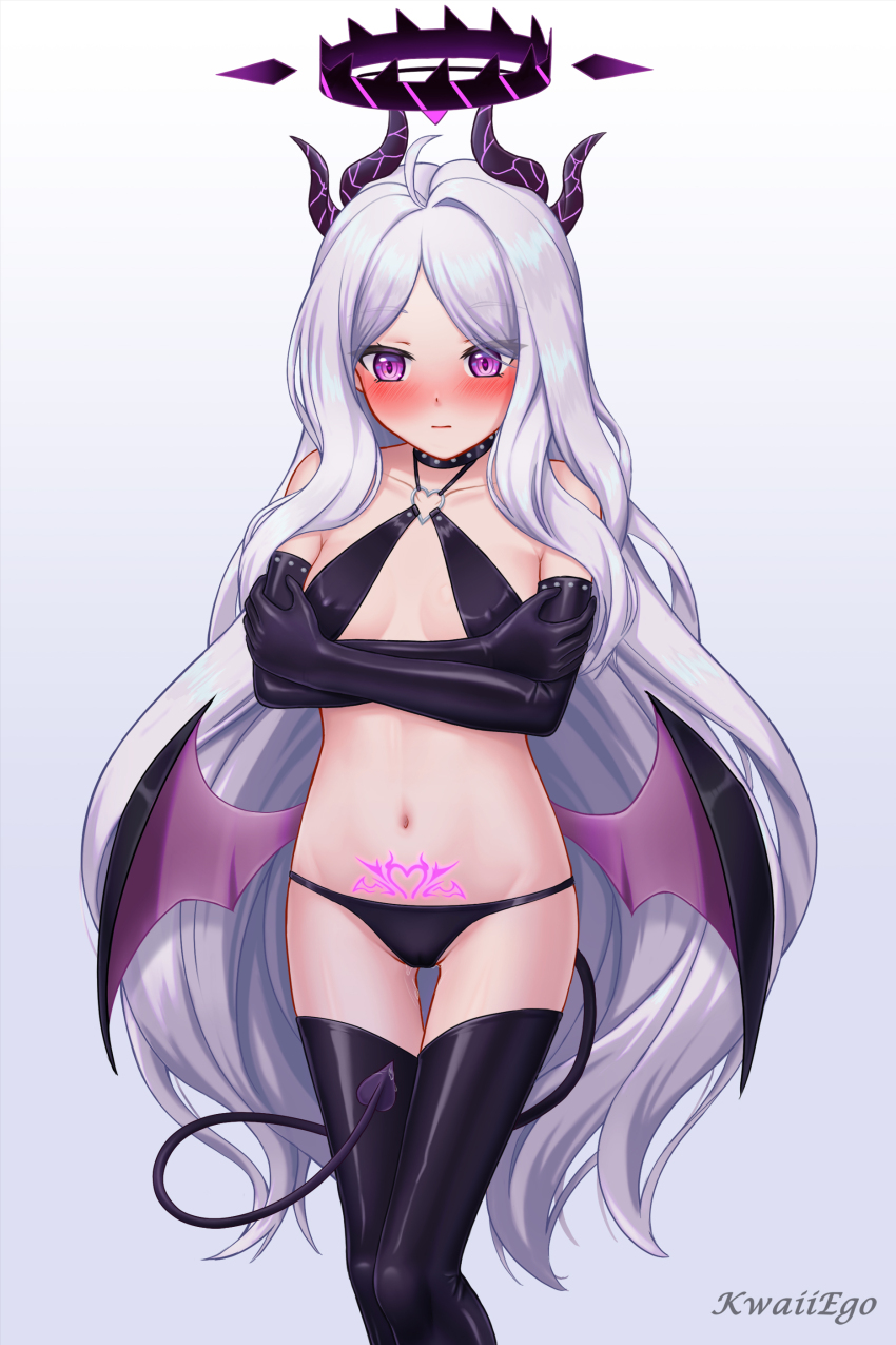 1girl, absurdres, ahoge, bare_shoulders, bikini, black_bikini, black_choker, black_gloves, black_halo, black_thighhighs, blue_archive, blush, breasts, choker, closed_mouth, covered_erect_nipples, covering_breasts, covering_privates, crossed_arms, demon_girl, demon_horns, demon_tail, demon_wings, dot_nose, elbow_gloves, feet_out_of_frame, gloves, halo, highres, hina_(blue_archive), horns, kwaiiego, loli, long_hair, looking_at_viewer, low_wings, multiple_horns, navel, pubic_tattoo, purple_eyes, pussy_juice, simple_background, small_breasts, solo, standing, swimsuit, tail, tattoo, thighhighs, very_long_hair, white_background, white_hair, wings, zettai_ryouiki