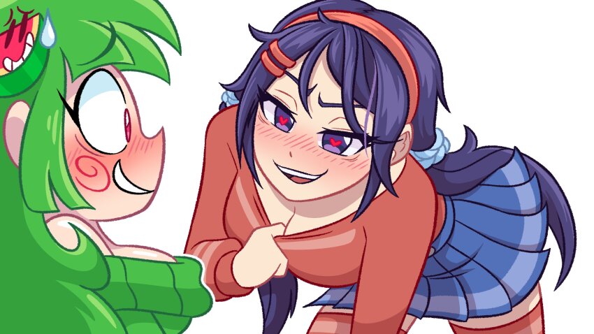 2girls, blue_eyes, blue_hair, blue_skirt, blush, blush_stickers, breasts, cleavage