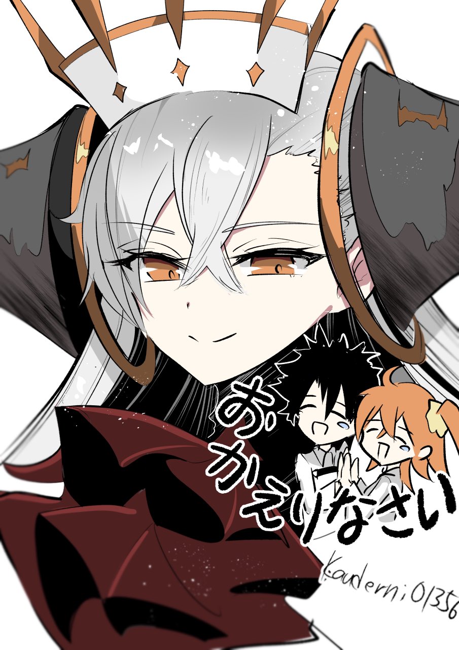 1boy, 2girls, ahoge, ascot, black_hair, blush_stickers, chaldea_uniform, chibi, closed_eyes, closed_mouth, crossed_bangs, fate/grand_order, fate_(series), fujimaru_ritsuka_(female), fujimaru_ritsuka_(male), grey_hair, hair_between_eyes, hat, highres, kauderni01356, long_hair, multiple_girls, olga_marie_animusphere, orange_hair, red_ascot, short_hair, side_ponytail, simple_background, smile, u-olga_marie, u-olga_marie_(second_ascension), white_background, white_hat