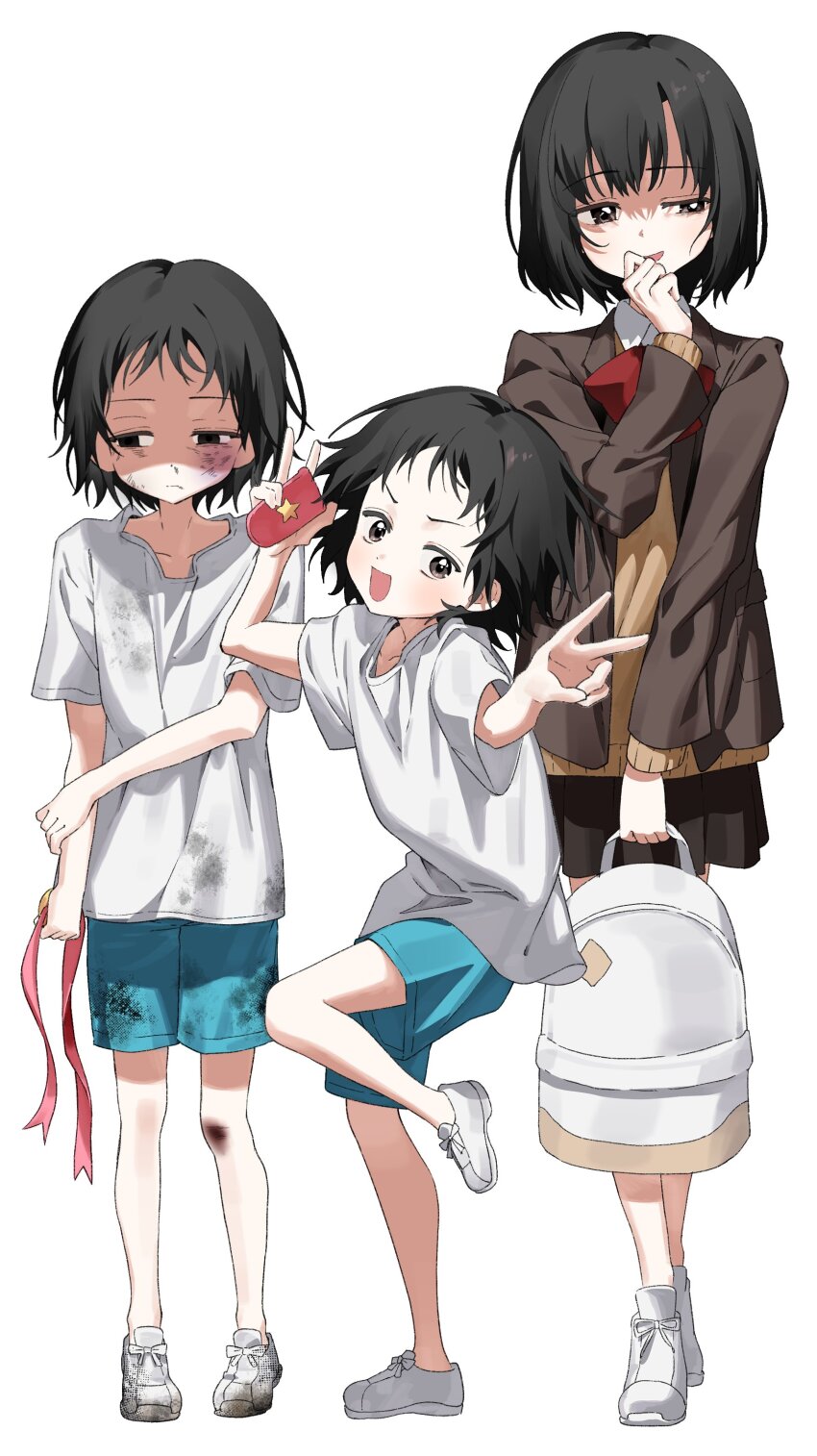 1girl, absurdres, backpack, bag, black_hair, bruise, closed_mouth, dangdidangdi