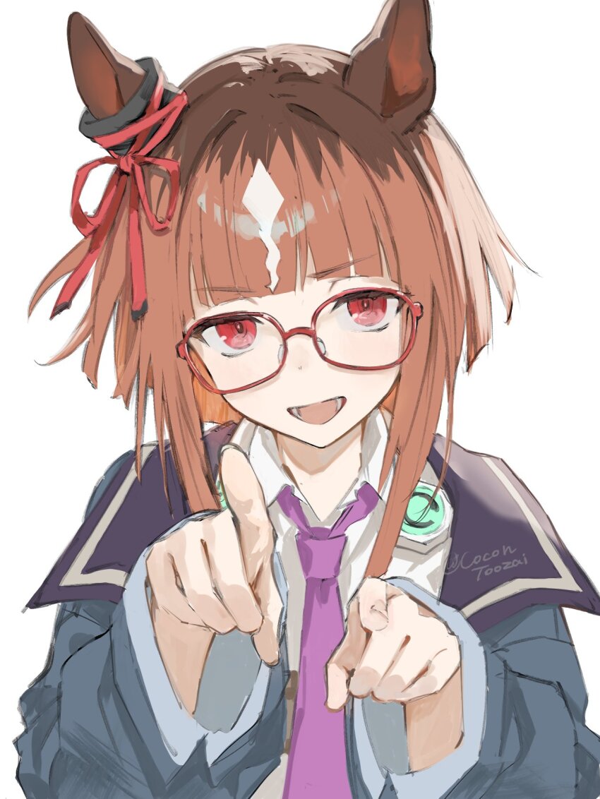 1girl, animal_ears, blue_jacket, bow, brown_hair, cocontoozai, commentary_request, ear_ribbon