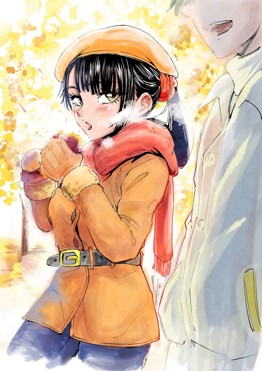 1boy, 1girl, absurdres, belt, black_hair, breath, brown_coat, coat