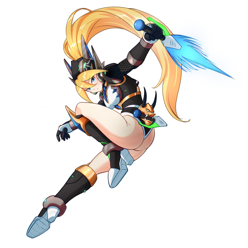 1girl, absurdres, alternate_costume, armor, armored_boots, ass, back_holster, biometal, blonde_hair, blue_eyes, body_armor, boots, breasts, chest_jewel, ciel_(mega_man), commission, commissioner_upload, covered_navel, elbow_gloves, energy_dagger, eyelashes, fighting_stance, fishnet_sleeves, fishnets, forehead_jewel, full_body, gauntlets, gloves, helmet, high_heel_boots, high_heels, highres, holding, knee_boots, leotard, long_bangs, looking_at_viewer, marino_(mega_man), mechanical_ears, mega_man_(series), mega_man_zero_(series), mega_man_zx, non-web_source, official_alternate_color, petite, ponytail, shoulder_armor, small_breasts, solo, thighs, transparent_background, uta_guipiy
