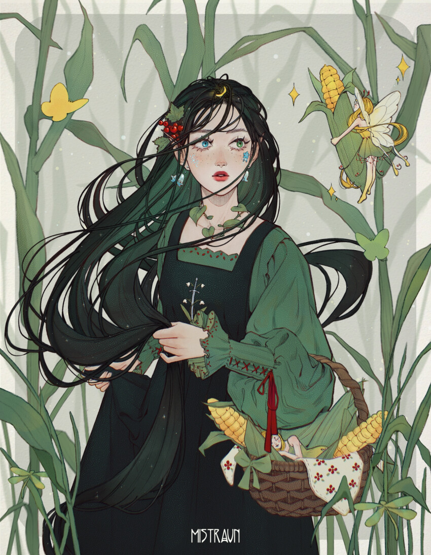 3girls, absurdres, artist_name, barefoot, basket, black_hair, blonde_hair, blouse