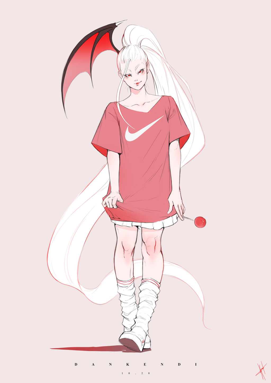 1girl, bat_wings, candy, dan_kendi, english_text, facing_viewer, food, highres