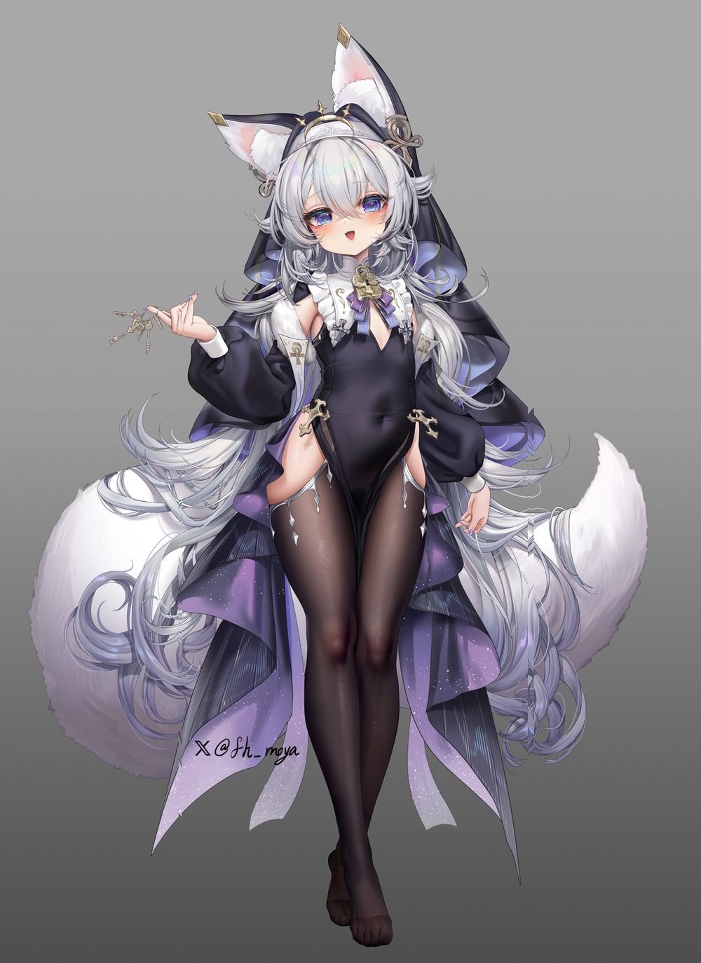 1girl, animal_ear_fluff, animal_ears, artist_name, black_dress, black_thighhighs, black_veil, blue_eyes