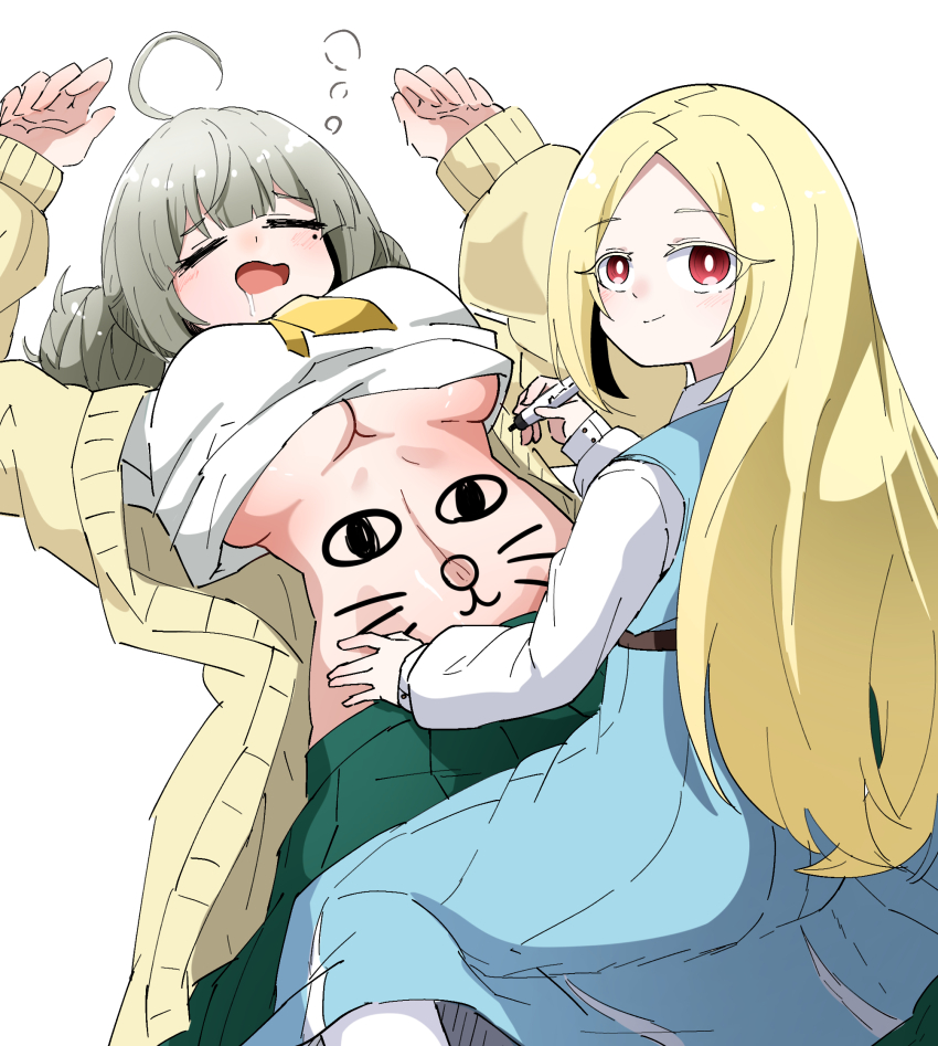 2girls, age_difference, ahoge, araga_kiwi, blonde_hair, blue_dress, breasts, cardigan, caseee999, closed_eyes, clothes_lift, drawing_on_another, dress, green_skirt, grey_hair, hand_on_another's_hip, highres, hiiragi_utena's_school_uniform, holding, holding_marker, huge_ahoge, long_hair, long_sleeves, looking_at_viewer, lying, mahou_shoujo_ni_akogarete, marker, mole, mole_under_eye, morino_korisu, multiple_girls, navel, necktie, on_back, onee-loli, open_cardigan, open_clothes, open_mouth, pleated_skirt, red_eyes, saliva, saliva_trail, school_uniform, shirt, shirt_lift, skirt, smile, underboob, white_shirt, yellow_cardigan, yellow_necktie