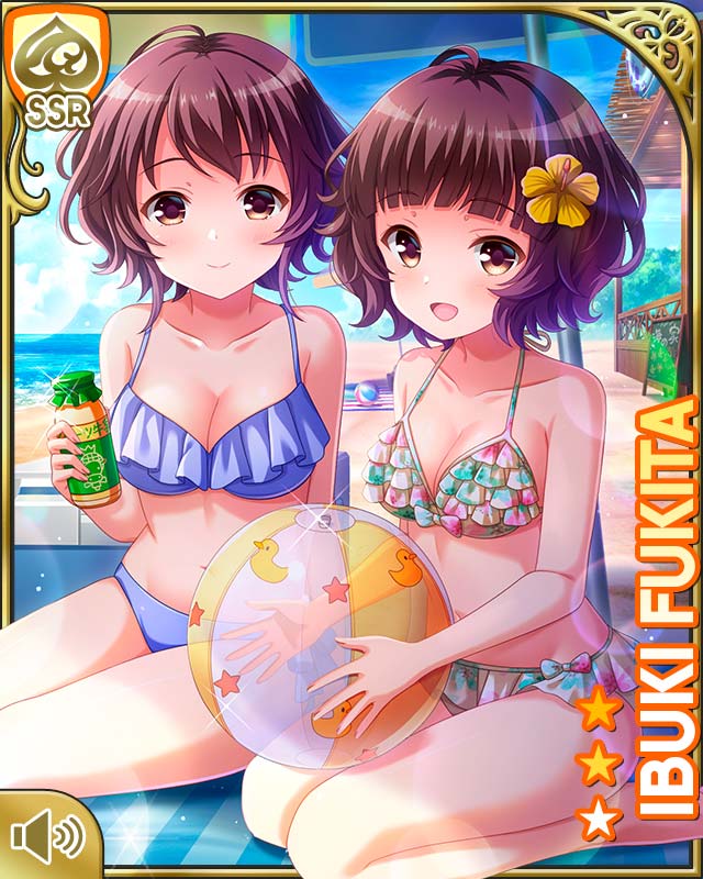 2girls, :d, bare_arms, bare_legs, bare_shoulders, barefoot, beach, bikini, bird, blue_bikini, bow, breasts, brown_eyes, brown_hair, card_(medium), character_name, cleavage, closed_mouth, day, duck, flower, fukita_ibuki, girlfriend_(kari), hair_flower, hair_ornament, kneeling, looking_at_viewer, midriff, mother_and_child, mother_and_daughter, multiple_girls, navel, official_art, open_mouth, outdoors, parent_and_child, qp:flapper, sand, shade, short_hair, sitting, smile, swimsuit, white_bikini, yellow_flower