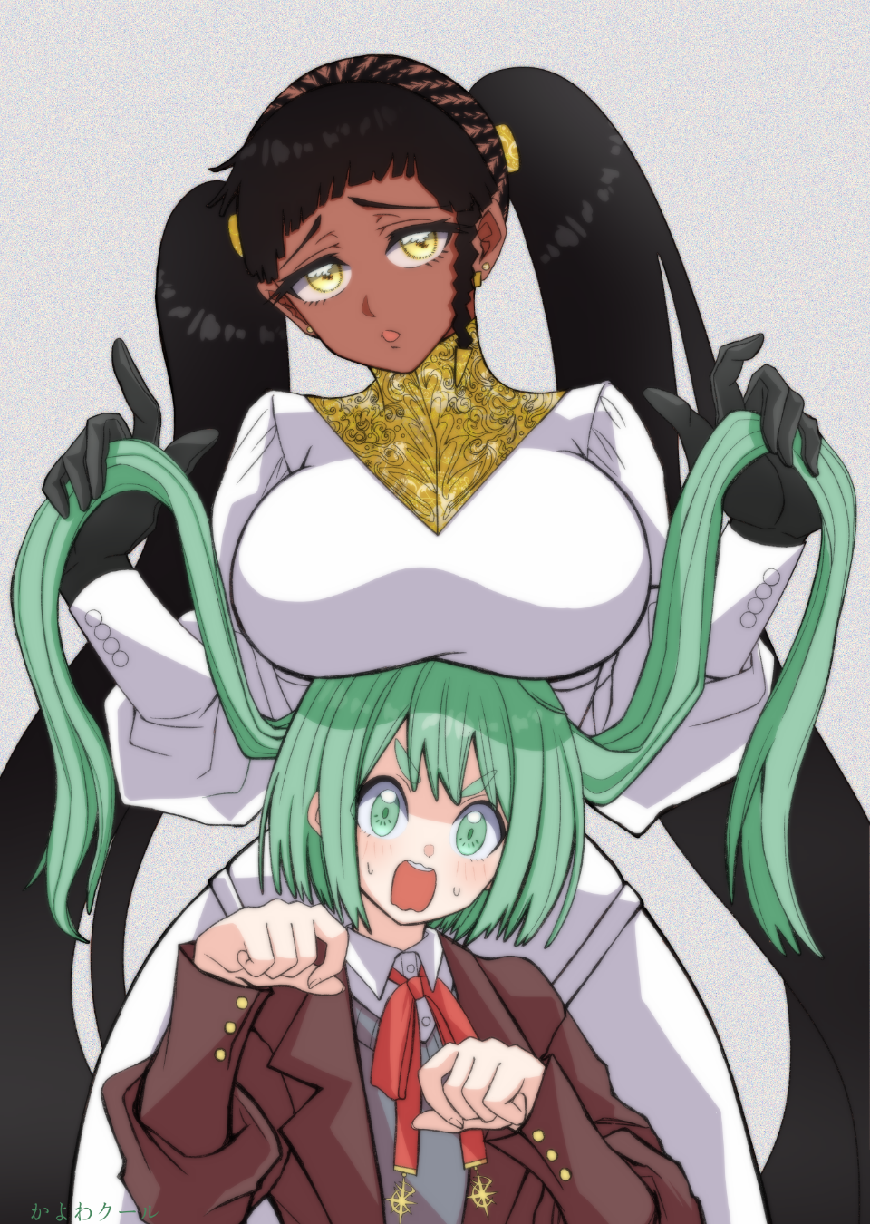 2025, 2girls, black_hair, blush, breast_rest, breasts, breasts_on_head, commentary, dark-skinned_female, dark_skin, desscaras, earrings, gloves, grabbing_another's_hair, grabbing_another's_twintails, green_eyes, green_hair, hair_bun, highres, holding, holding_another's_hair, jacket, jewelry, kayowacool007, kumugi_(madan_no_ichi), large_breasts, long_hair, long_sleeves, looking_at_viewer, madan_no_ichi, multiple_girls, open_mouth, ribbon, shirt, simple_background, skirt, sweat, sweatdrop, twintails, witch, yellow_eyes