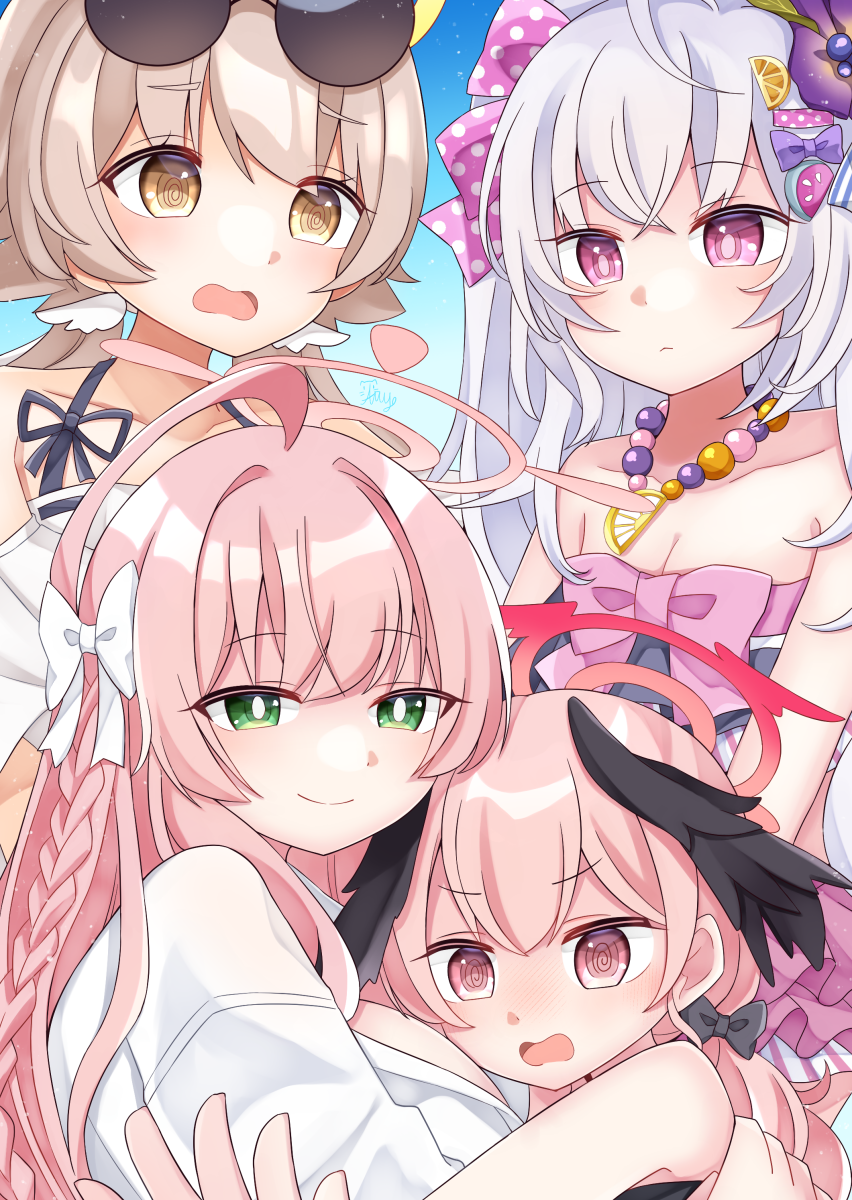 1girl, ahoge, azusa_(blue_archive), azusa_(swimsuit)_(blue_archive), bare_shoulders, blue_archive, blush, bow, braid, breasts, cleavage, commentary_request, fang, green_eyes, hair_bow, hanako_(blue_archive), hanako_(swimsuit)_(blue_archive), hifumi_(blue_archive), hifumi_(swimsuit)_(blue_archive), highres, jewelry, koharu_(blue_archive), koharu_(swimsuit)_(blue_archive), long_hair, looking_at_viewer, make-up_work_club_(blue_archive), multiple_girls, multiple_persona, necklace, open_mouth, pink_hair, polka_dot, pout, ribbon, smile, sunglasses, tears, u_amy1207, wavy_mouth