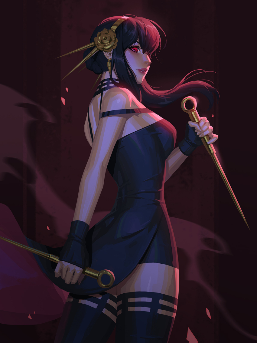 1girl, bare_shoulders, black_dress, black_hair, black_thighhighs, breasts, cowboy_shot, dagger