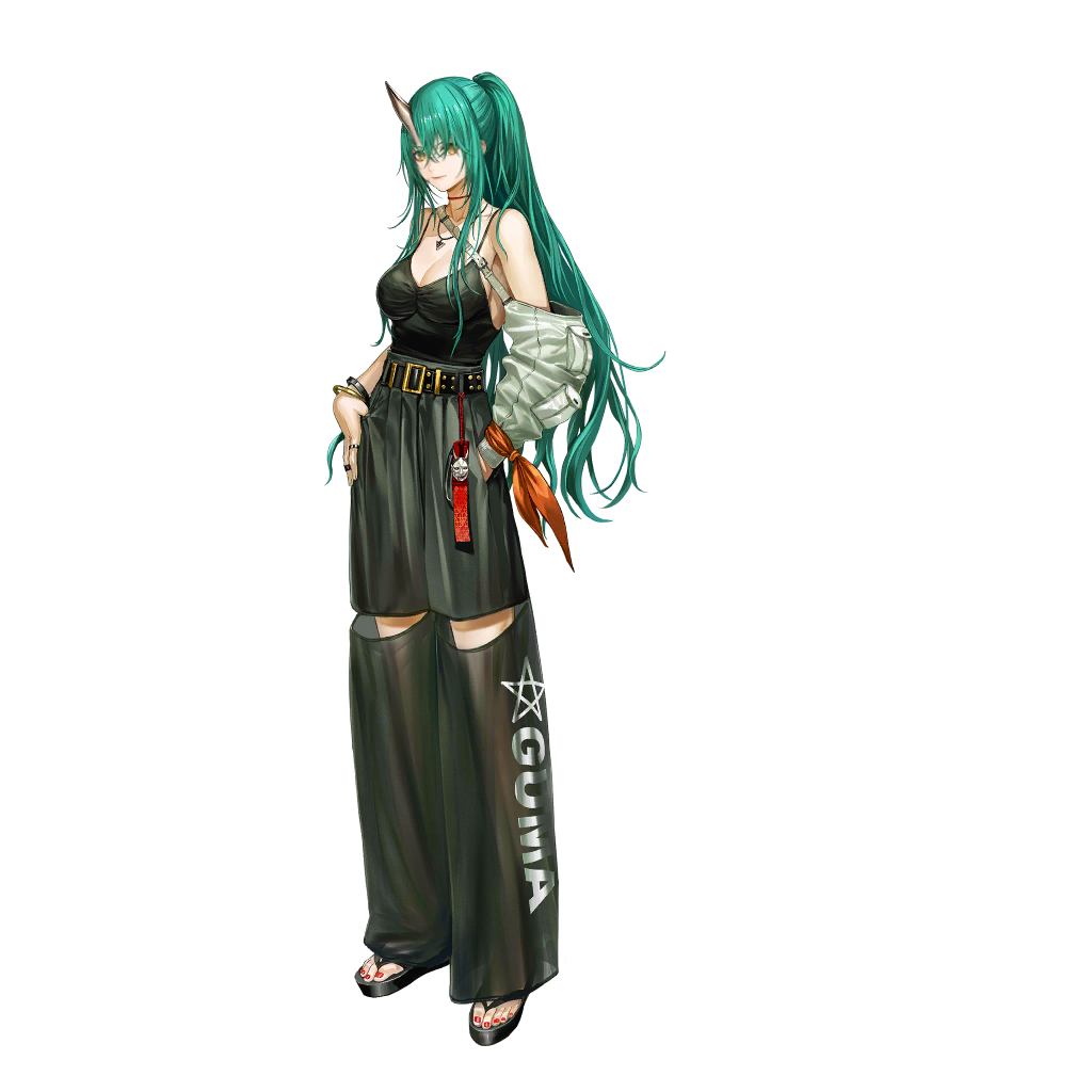 1girl, arknights, belt, black_belt, black_camisole, black_pants, black_sandals, bracelet