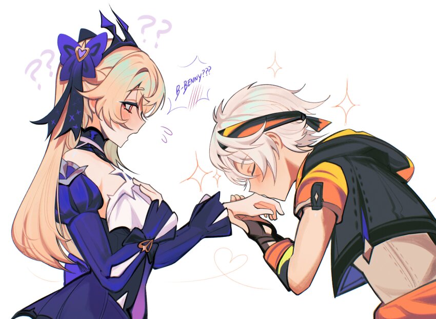 1boy, 1girl, ?, ??, absurdres, alternate_costume, armpit_crease, bennett_(adventures_in_blazing_hue)_(genshin_impact), bennett_(genshin_impact), bishie_sparkle, black_collar, black_gloves, black_headband, black_hood, black_jacket, blonde_hair, blush, bow, character_name, closed_eyes, collar, cropped_jacket, detached_collar, detached_sleeves, dress, embarrassed, eyelashes, facing_down, fingerless_gloves, fischl_(ein_immernachtstraum)_(genshin_impact), fischl_(genshin_impact), flying_sweatdrops, genshin_impact, gloves, hair_bow, hair_ornament, hand_on_own_chest, head_down, headband, heart, heart_hair_ornament, hetero, highres, holding_another's_wrist, hood, hood_down, hooded_jacket, jacket, kiss, kissing_hand, long_hair, looking_at_another, memeh, official_alternate_costume, open_mouth, orange_sleeves, puffy_sleeves, purple_bow, purple_dress, purple_sleeves, red_eyes, speech_bubble, tsurime, two-tone_sleeves, undershirt, white_background, white_hair, wrist_bow, yellow_sleeves