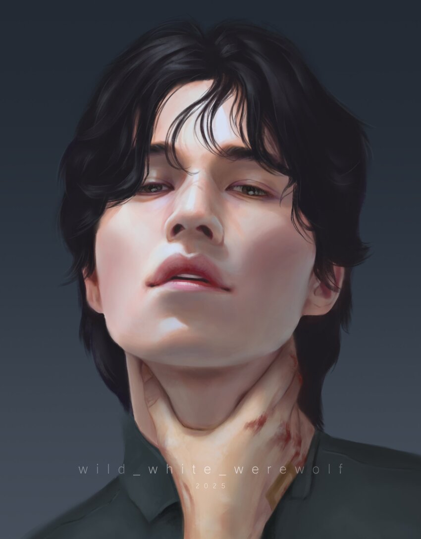 1boy, black_eyes, black_hair, black_shirt, blood, blood_on_hands, collared_shirt, half-closed_eyes