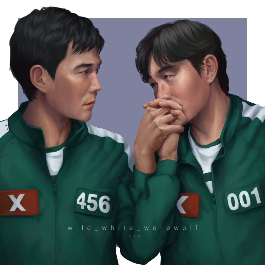 2boys, black_eyes, black_hair, border, clothes_writing, commentary, commentary_request, english_commentary