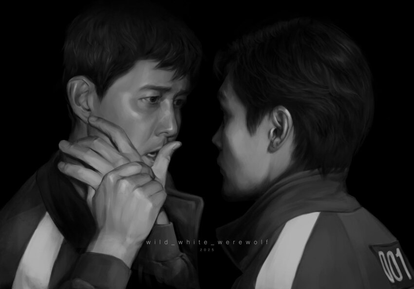 2boys, artist_name, black_coat, black_eyes, black_hair, clothes_writing, coat, commentary