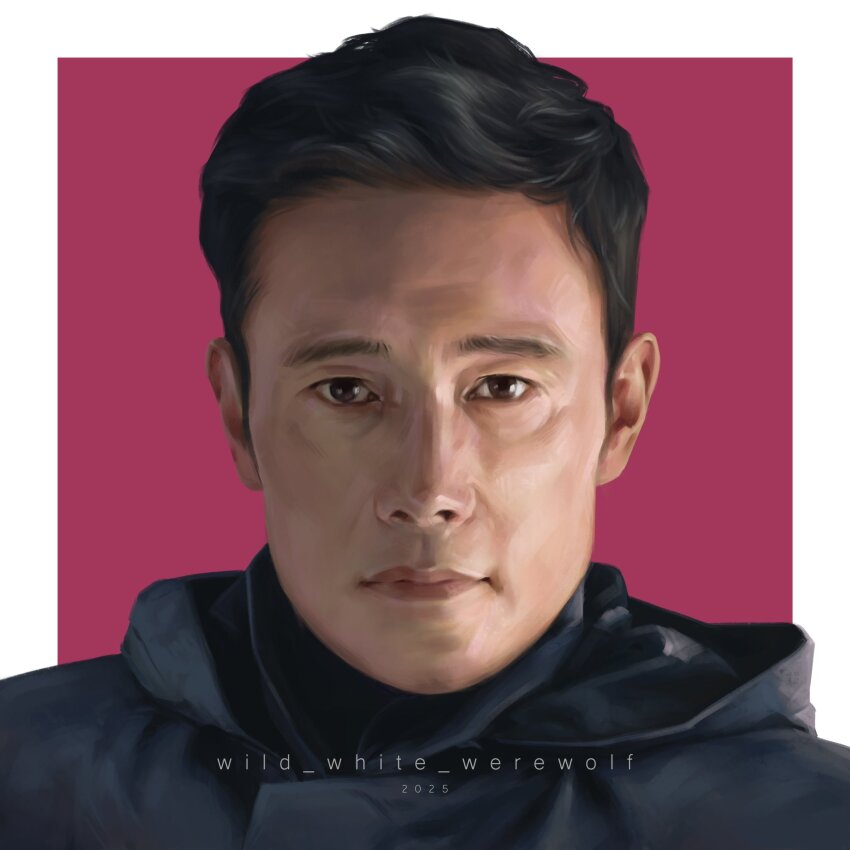 1boy, artist_name, black_cloak, black_eyes, black_hair, border, cloak, commentary, expressionless, highres, hood, hood_down, hwang_in-ho, looking_at_viewer, male_focus, outside_border, short_hair, solo, spoilers, squid_game, untranslatable_commentary, white_border, wildwerewolf