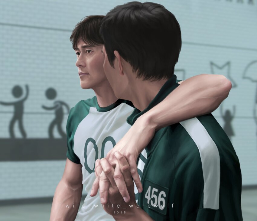 2boys, arm_around_shoulder, black_eyes, black_hair, commentary, english_commentary, green_sleeves, green_track_suit