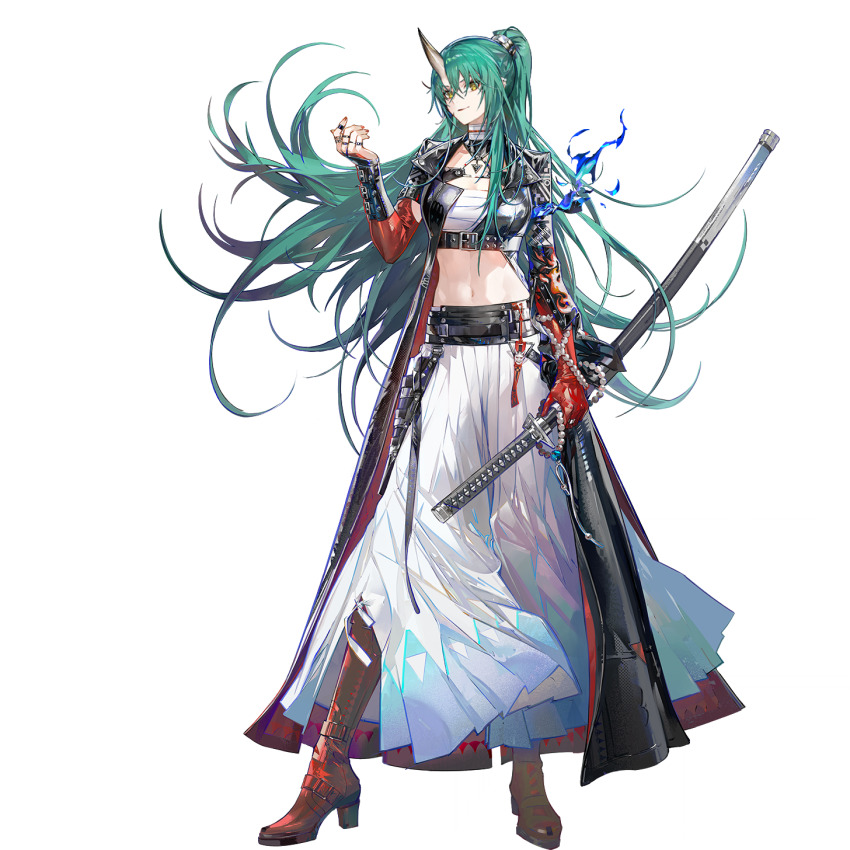 1girl, arknights, bandaged_chest, black_coat, blue_fire, boots, coat, eyeliner