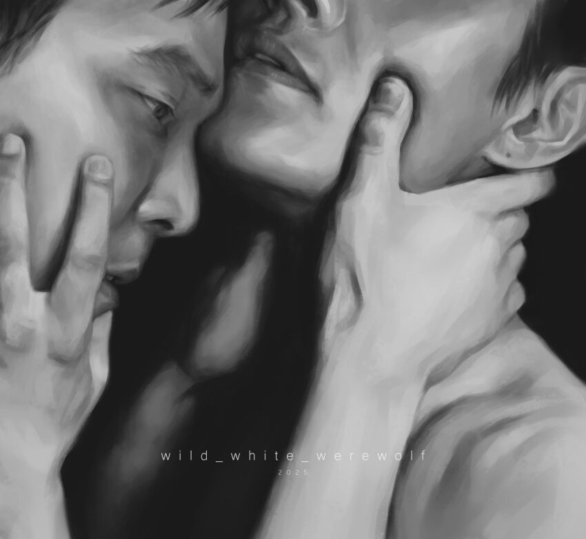 2boys, black_eyes, blank_stare, commentary, english_commentary, eyes_out_of_frame, greyscale, hand_on_another's_face