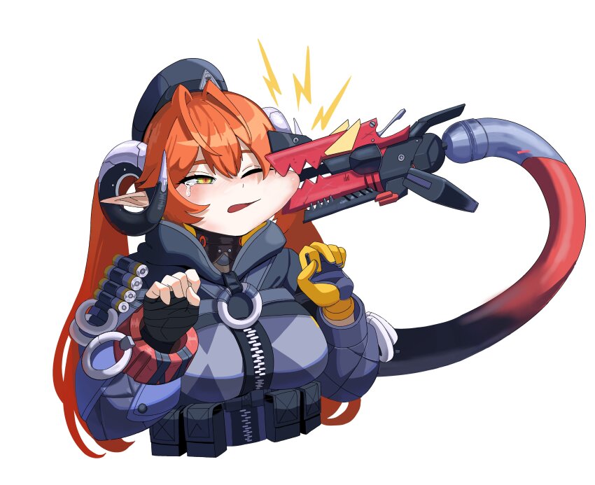 1girl, absurdres, biting, head_biting, breasts, cheek_squash, dragon_girl, dragon_horns, face_squeeze, fingerless_gloves, gloves, grabbing_another's_face, green_eyes, hair_between_eyes, hat, head_grab, highres, hood, horns, jacket, long_hair, magus_(zenless_zone_zero), mechanical_horns, mechanical_tail, orange_hair, orange_pupils, orphie_magnusson, pointy_ears, squeezing_cheeks, stag1215, tail, twintails, zenless_zone_zero