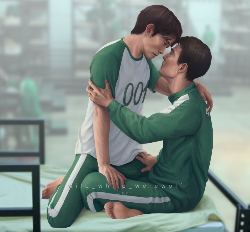 2boys, barefoot, black_eyes, black_hair, brown_hair, clothes_writing, crossed_legs, green_sleeves, green_track_suit, hand_on_another's_arm, hand_on_another's_leg, hand_on_another's_shoulder, hand_on_own_knee, highres, hwang_in-ho, implied_yaoi, looking_at_another, multiple_boys, on_bed, seiza, seong_gi-hun, shirt, short_hair, sitting, sitting_on_lap, sitting_on_person, squid_game, track_suit, two-tone_shirt, white_shirt, wildwerewolf