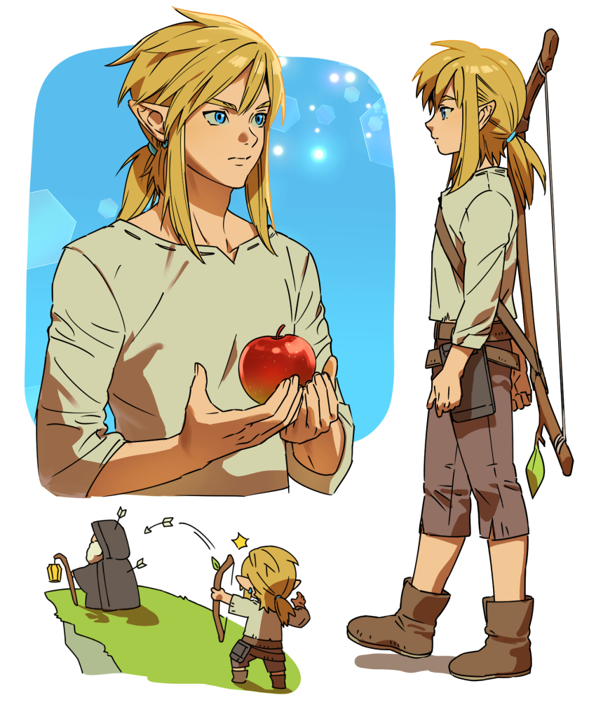 1boy, apple, blonde_hair, blue_eyes, boots, earrings, food, from_side, fruit, highres, holding, holding_food, holding_fruit, jewelry, link, low_ponytail, male_focus, multiple_views, nintendo, pg_pargon, pointy_ears, ponytail, shirt, short_hair, the_legend_of_zelda, the_legend_of_zelda:_breath_of_the_wild, wooden_bow_(weapon)