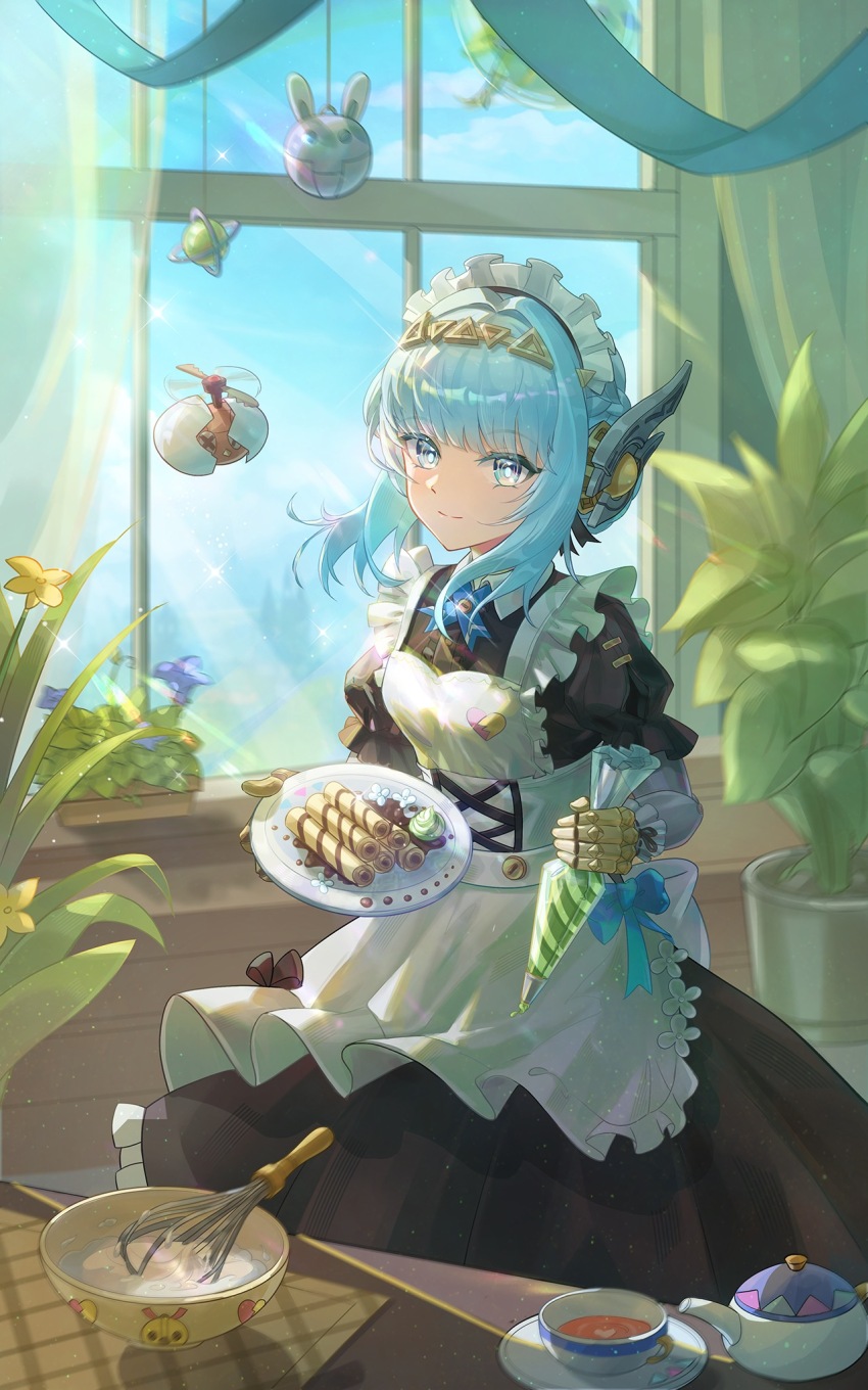 1girl, alternate_costume, android, apron, black_dress, blue_eyes, blue_hair, blue_sky