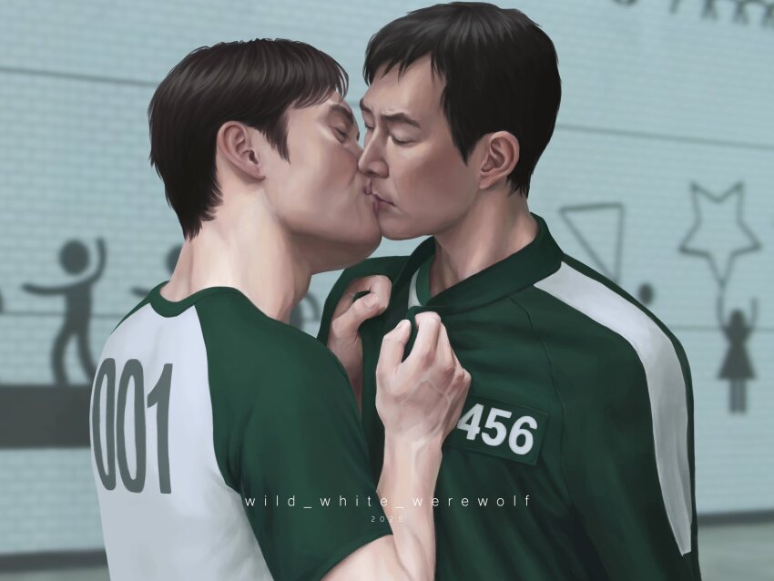 2boys, black_hair, clenched_hand, closed_eyes, clothes_grab, clothes_writing, commentary, english_commentary