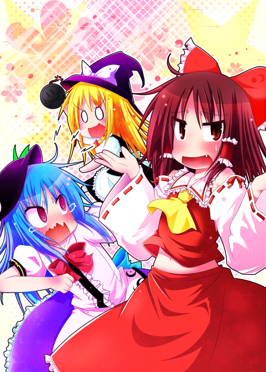 3girls, ascot, blonde_hair, blue_hair, bomb, bow, braid, brown_eyes