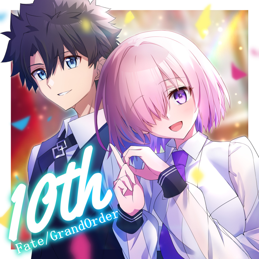 1boy, 1girl, :d, anniversary, black_hair, black_vest, blue_eyes, blurry